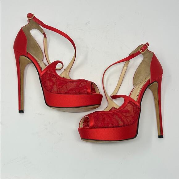 Marchesa Red Lace Satin Party Peep Toe Heels Pumps Size 38.5 0059 - Picture 6 of 10